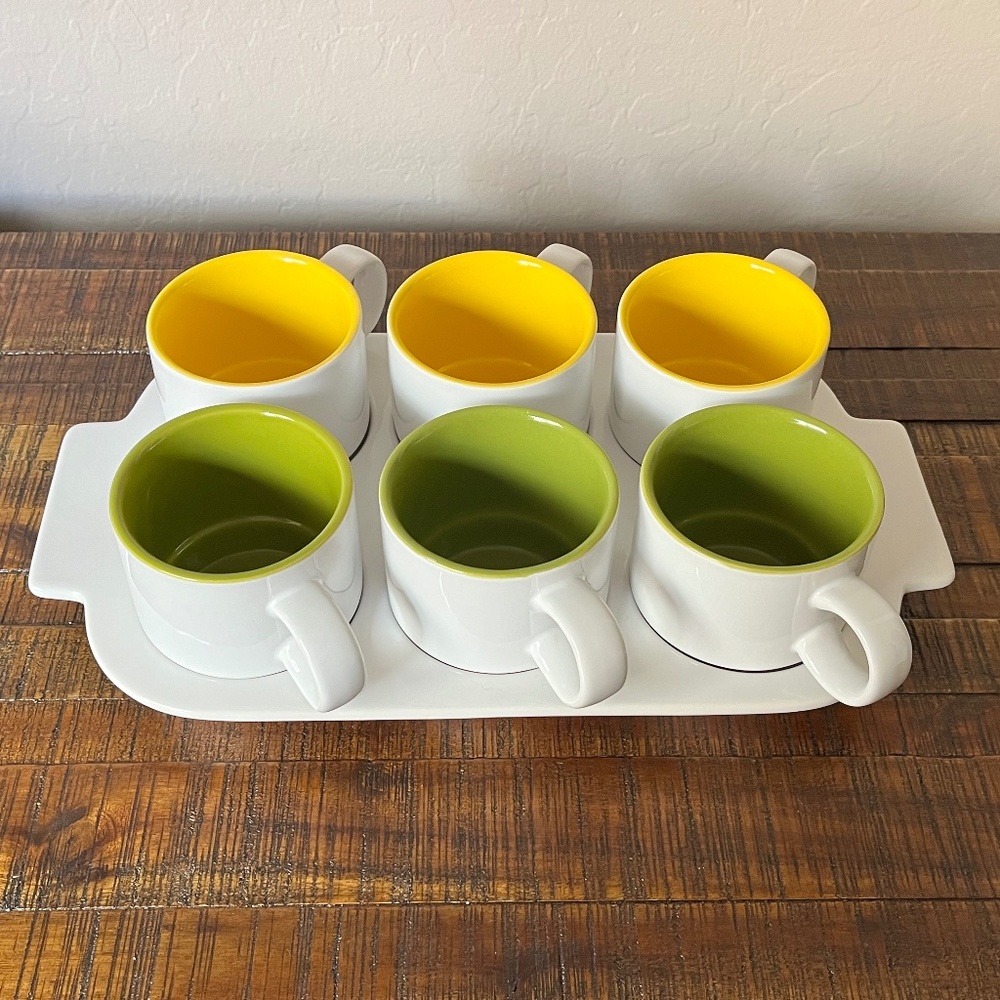 Crate & Barrel Pick Me Up Ceramic Mugs (6 + tray)
